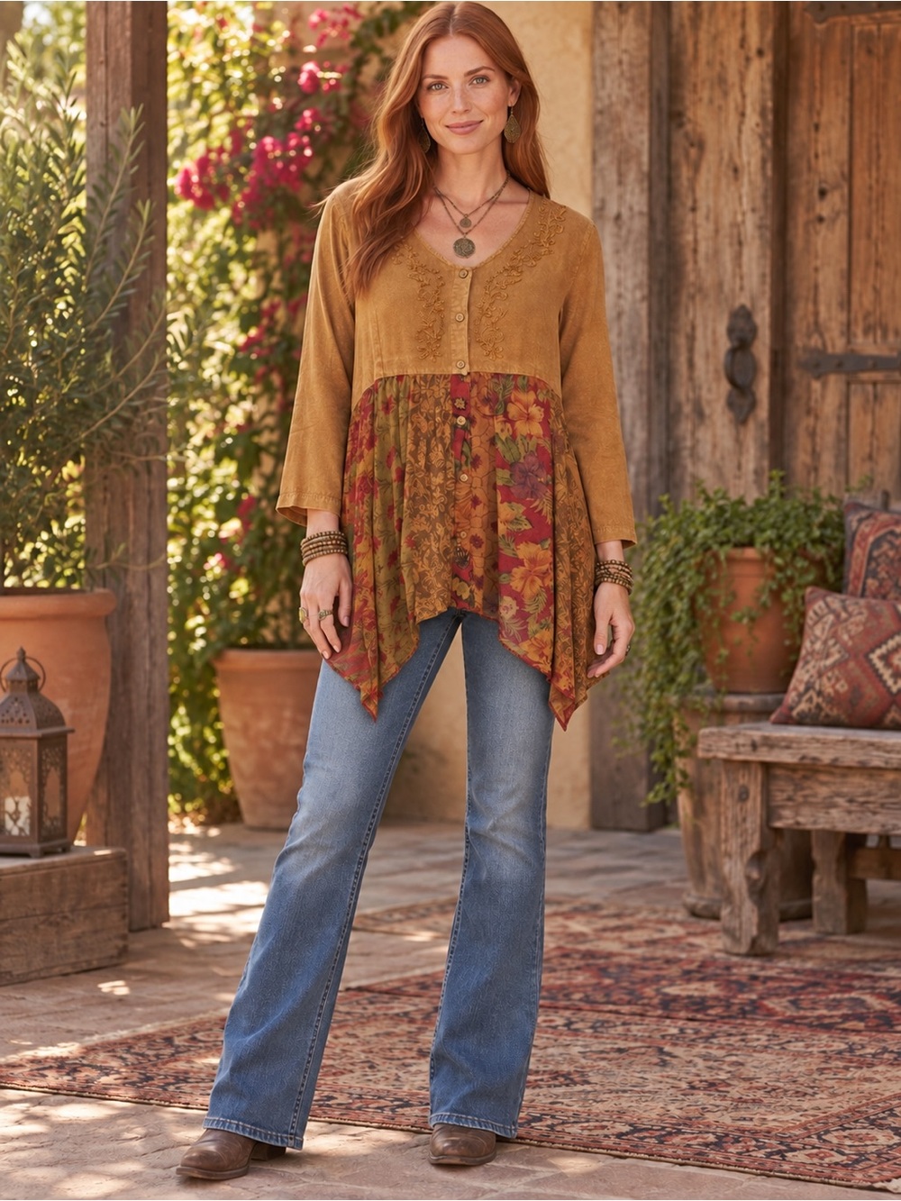 H103 NWT Young Threads L (M) ptp19 Boho Embroidered Tunic Top - Mustard Floral